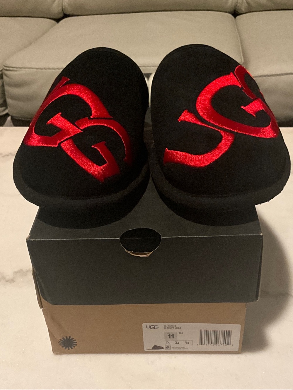 NWT Men’s UGG Black Slippers with Red Embroidered Logo